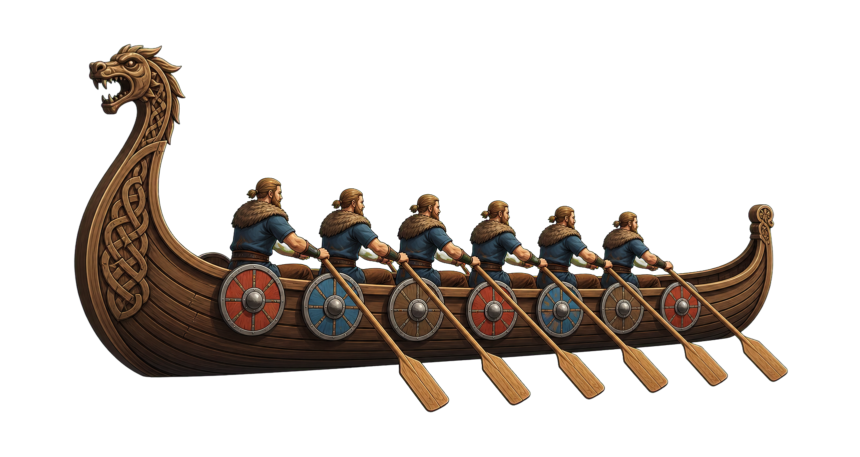 Viking longship rowing across the fjord